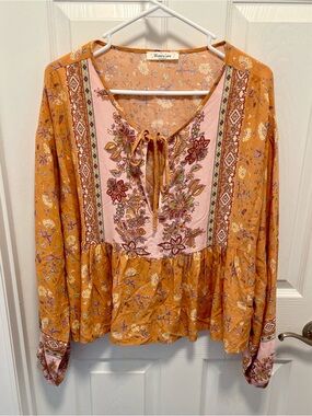 Wisteria Lane Boho Mustard & Pink Floral Tie-Neck Peasant Top